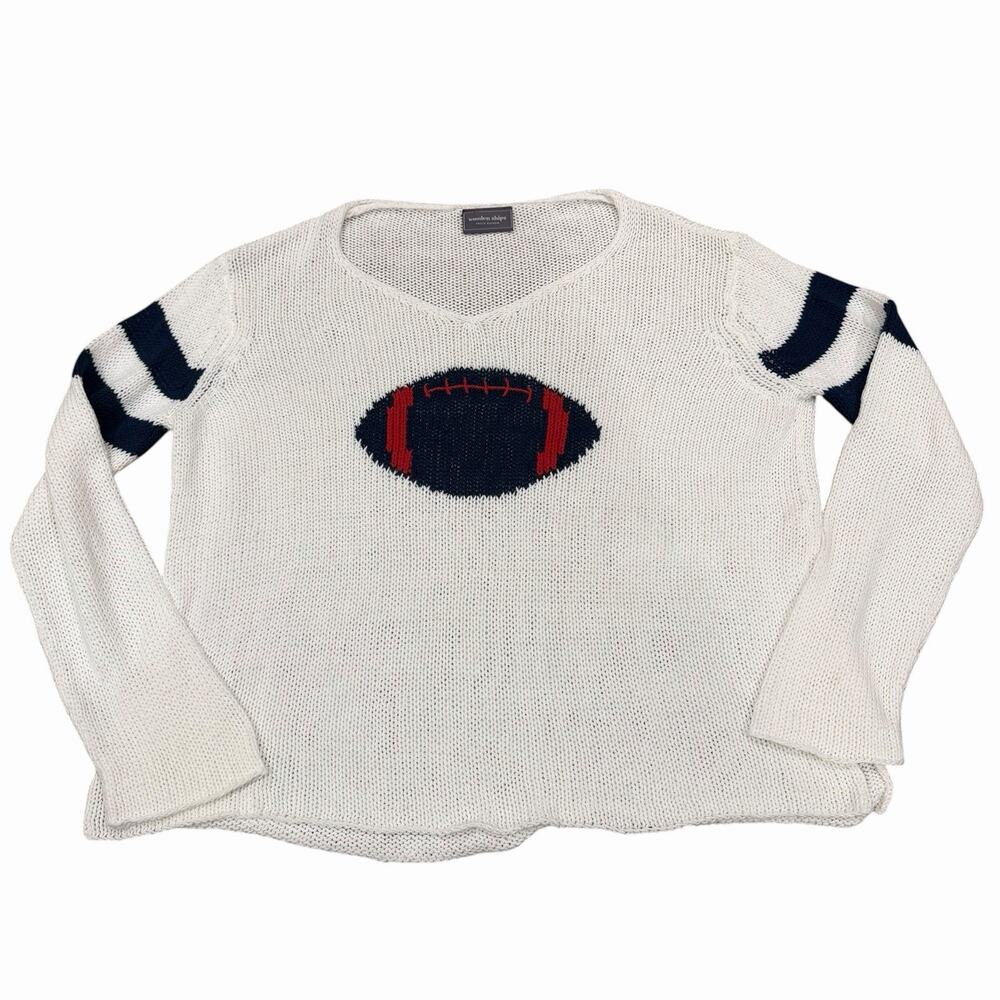 Wooden Ships M/L Navy/Red Football White Cotton Chunky Knit V Neck Sweater